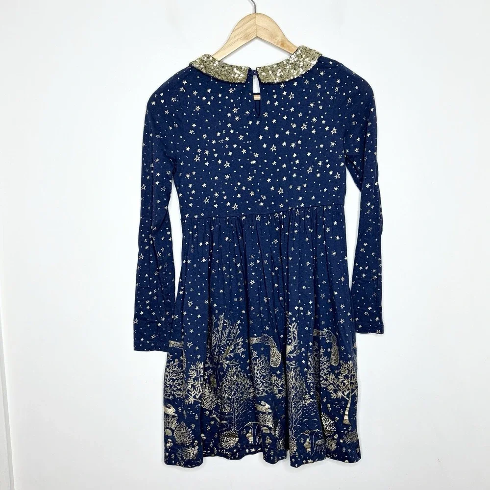 Mini Boden Woodland Foil Sequin Dress Girls Size 11-12Y Long Sleeve Knit Owl